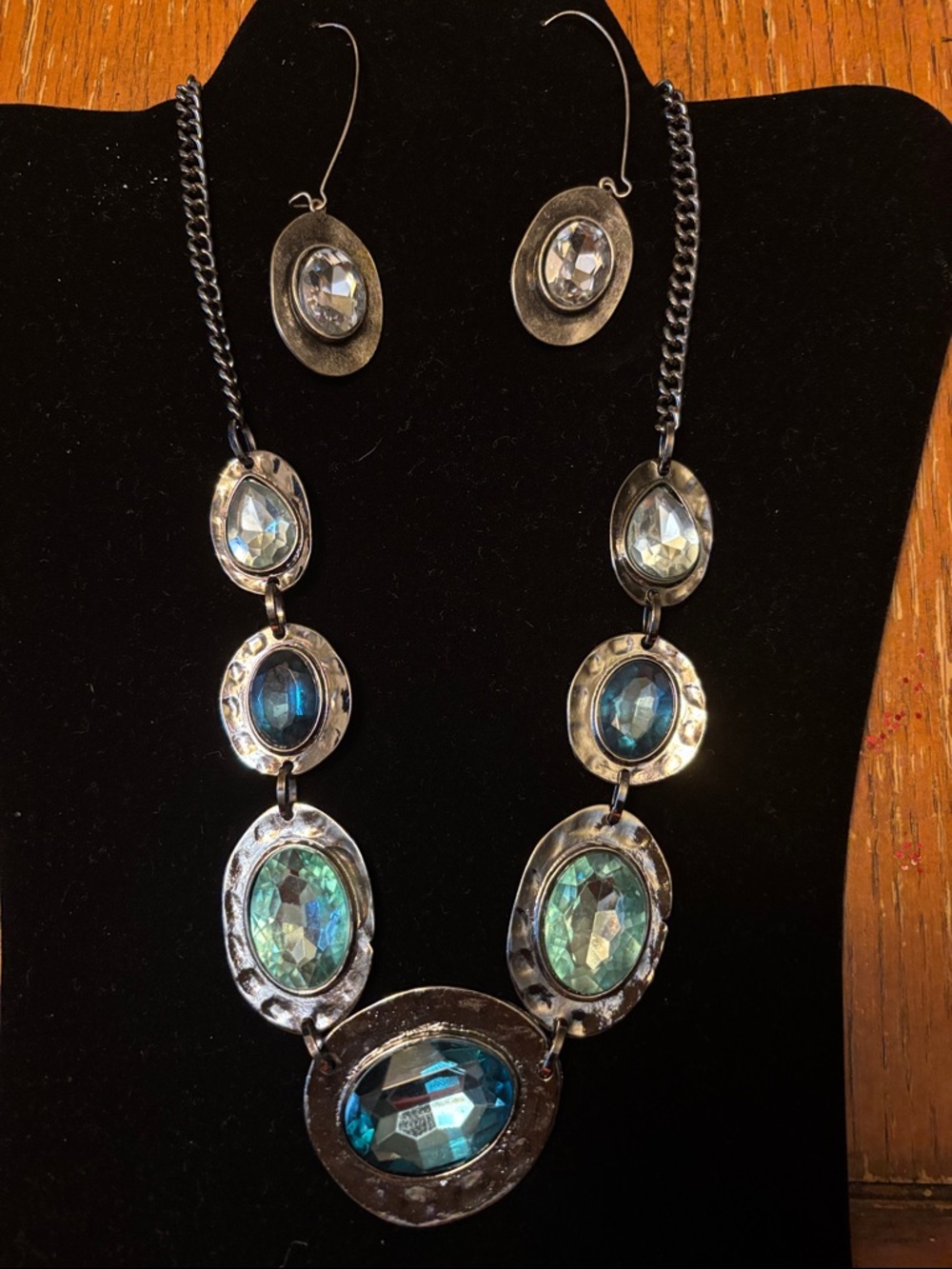 Women’s Silver-Tone Blue Crystal Statement Necklace & Earrings Set